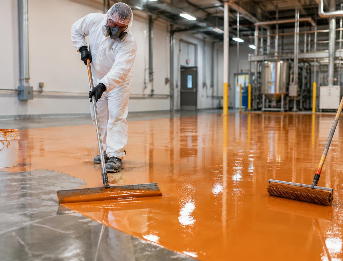 Application de résine époxy au racleur sur sol industriel